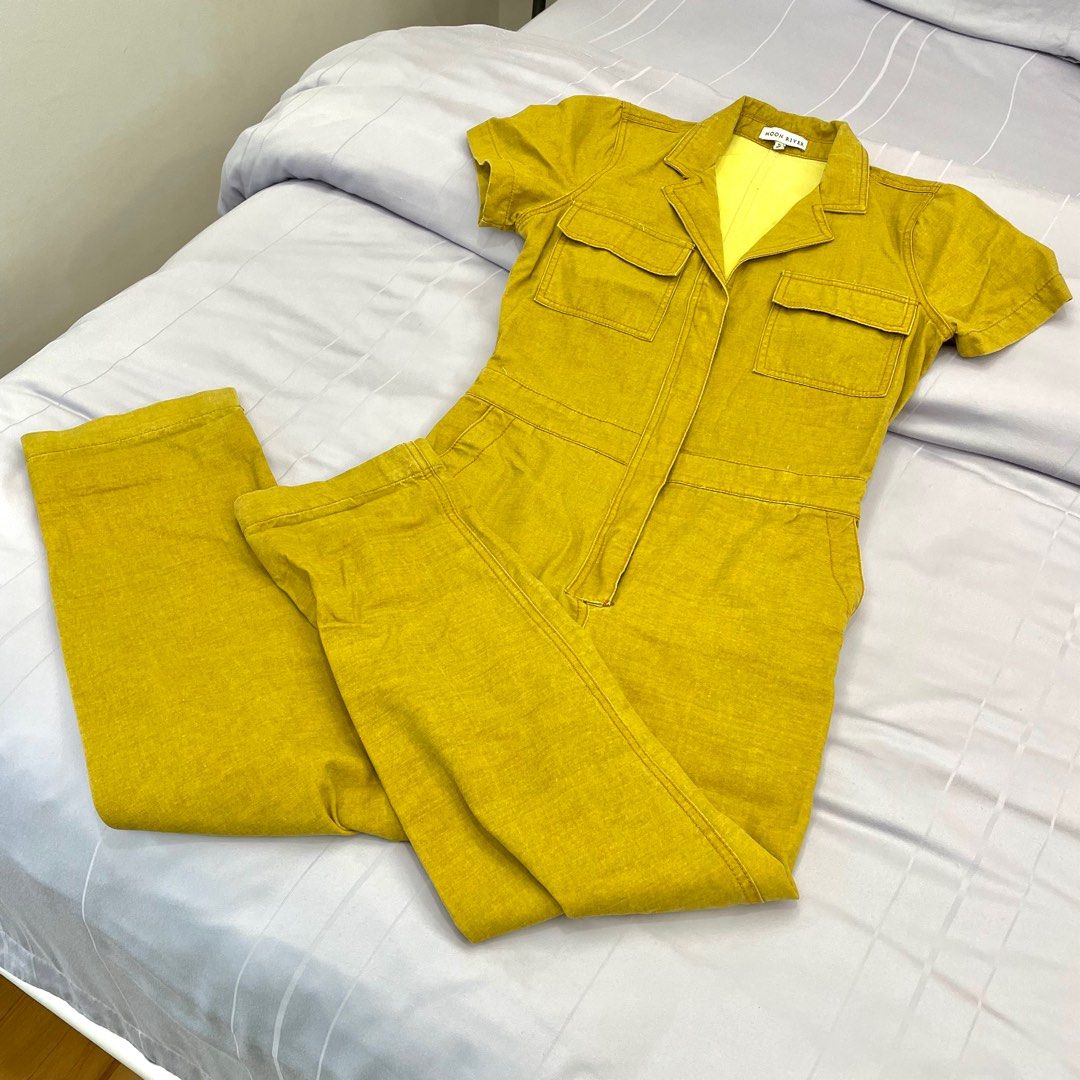 Moon River mustard colour denim utility jumpsuit