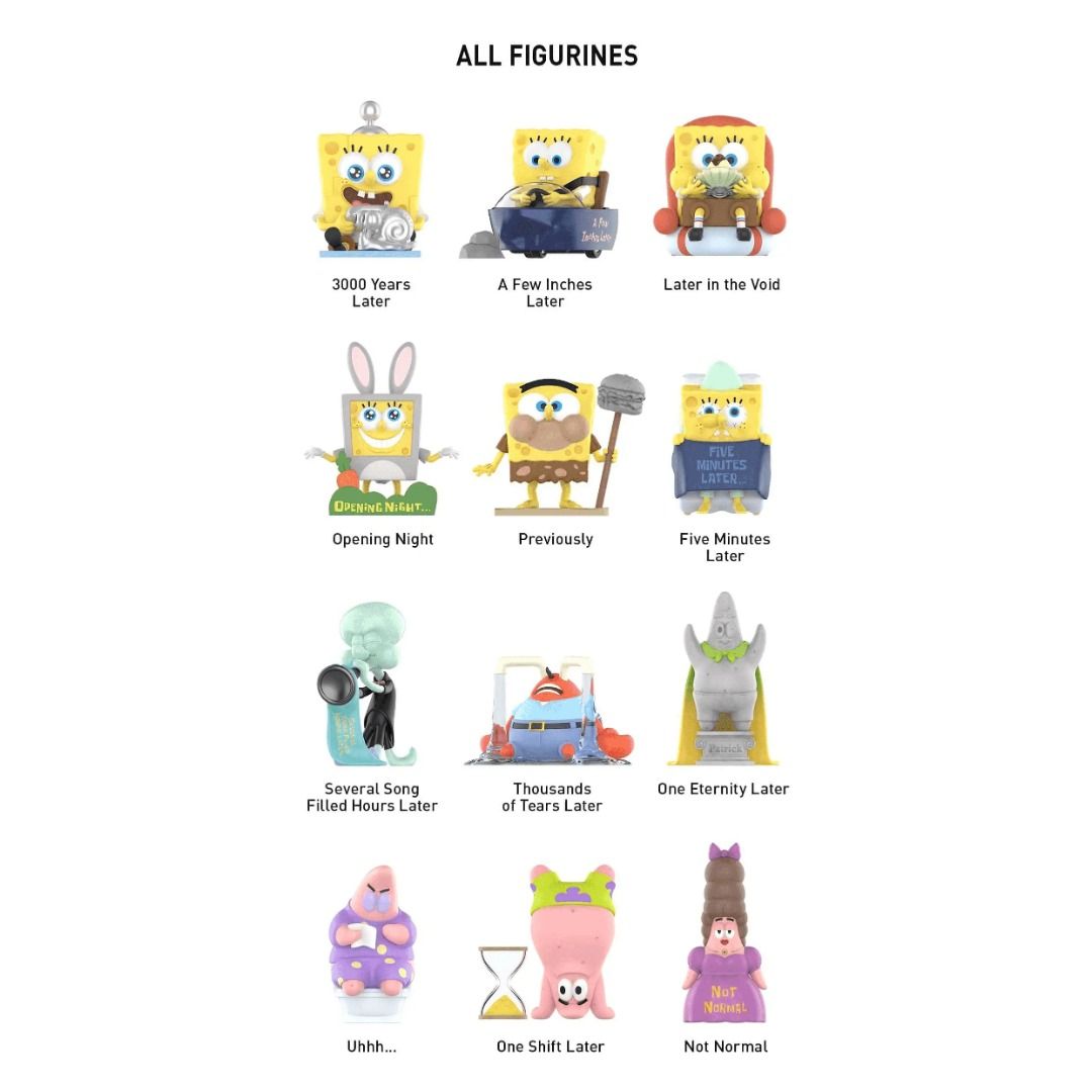 Pop Mart Spongebob Life Transition Series (Category: Designer & Blind Box Toys) located in Valenzuela. Submitted by littlechopletsph (Listing ID 1332408155, Image 3). Description: P750 EACH / P700 EACH IF BUYING 3 OR MORE: 3000 Years Later A Few Inches Later Later in the Void Opening Night Previously Five Minutes Later Several Song Filled Hour Later Thousands of Tears Later One Eternity Later Uhhh... One Shift Later Not Normal - Opened box, seale
