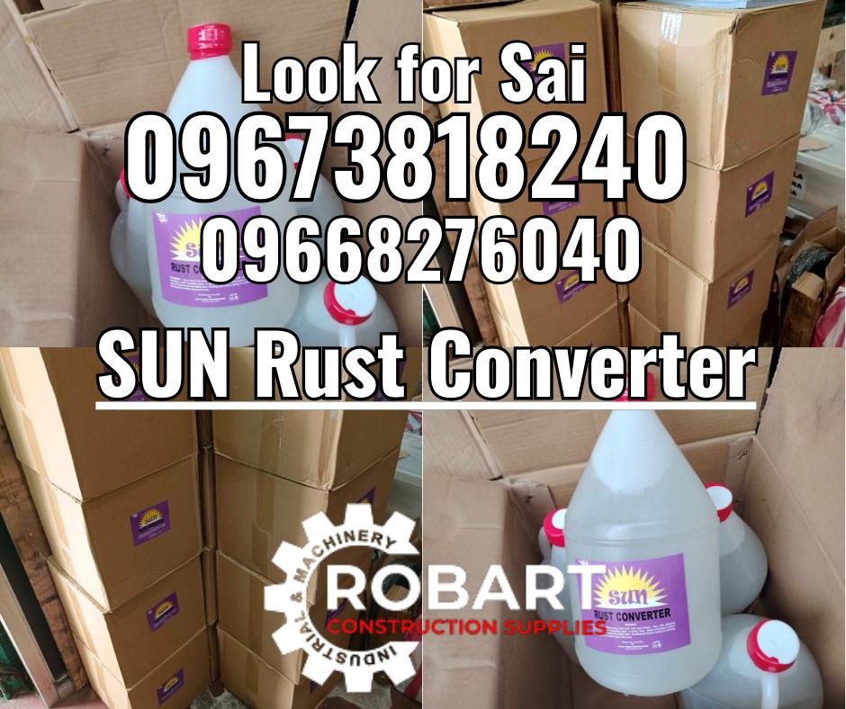 SUN Rust Converter (Category: Construction Tools & Equipment) located in Manila. Submitted by sairobart375609 (Listing ID 1332329622, Image 1). Description: Rust Converter SUN Size: 4L ROBART CONSTRUCTION SUPPLIES For inquiries: For FAST TRANSACTION: Sai Robart - 09673818240 / 09662708706 Vbr: Robart Sai - 09673818240 sairobart3@gmail. com Office Address: 1405 Yuseco St. Sta. Cruz Manila 7746-6248, 7216-7605 ,7002-2872, 8-6363005 09351427044 0960