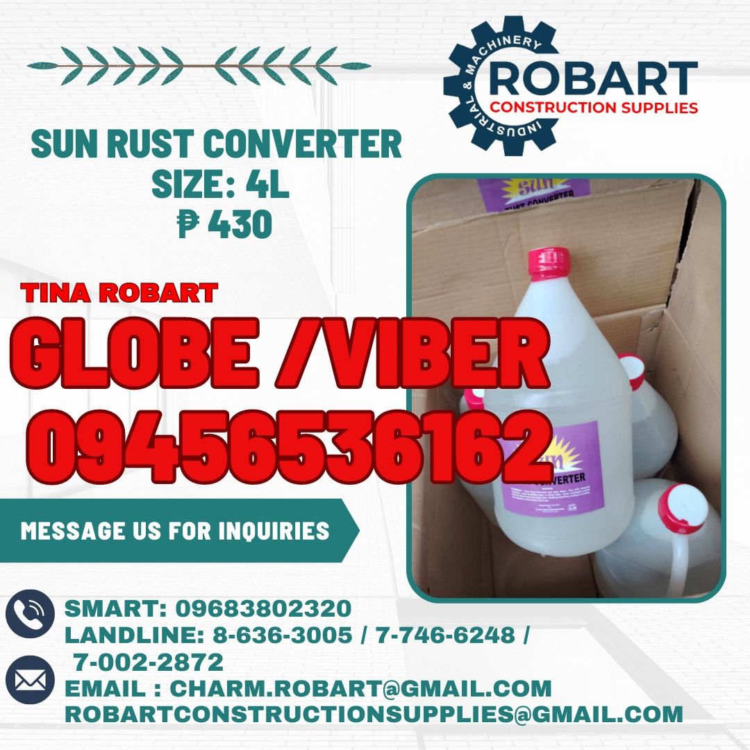 Sun Rust Converter 4L (Category: Construction & Building Materials) located in Manila. Submitted by tina.sales (Listing ID 1332350233, Image 1). Description: Sun Rust Converter 4L 𝑹𝑶𝑩𝑨𝑹𝑻 𝑪𝑶𝑵𝑺𝑻𝑹𝑼𝑪𝑻𝑰𝑶𝑵 𝑺𝑼𝑷𝑷𝑳𝑰𝑬𝑺 𝑶𝒇𝒇𝒊𝒄𝒆 𝑨𝒅𝒅𝒓𝒆𝒔𝒔: 𝟏𝟒𝟎𝟓 𝒀𝒖𝒔𝒆𝒄𝒐 𝑺𝒕. 𝑺𝒕𝒂 𝑪𝒓𝒖𝒛 𝑴𝒂𝒏𝒊𝒍𝒂 𝑺𝑬𝑵𝑫 𝑼𝑺 𝑴𝑬𝑺𝑺𝑨𝑮𝑬 𝑭𝑶𝑹 𝑰𝑵𝑸𝑼𝑰𝑹𝑰𝑬𝑺 ‼️ ‼️ 𝑮𝒍𝒃𝒆 - (𝟢𝟫𝟒𝟓-𝟔𝟓𝟑-𝟔𝟏𝟔𝟐) 𝑻.𝑴. - (𝟢𝟫𝟔𝟖-𝟑𝟖𝟎-𝟐𝟑