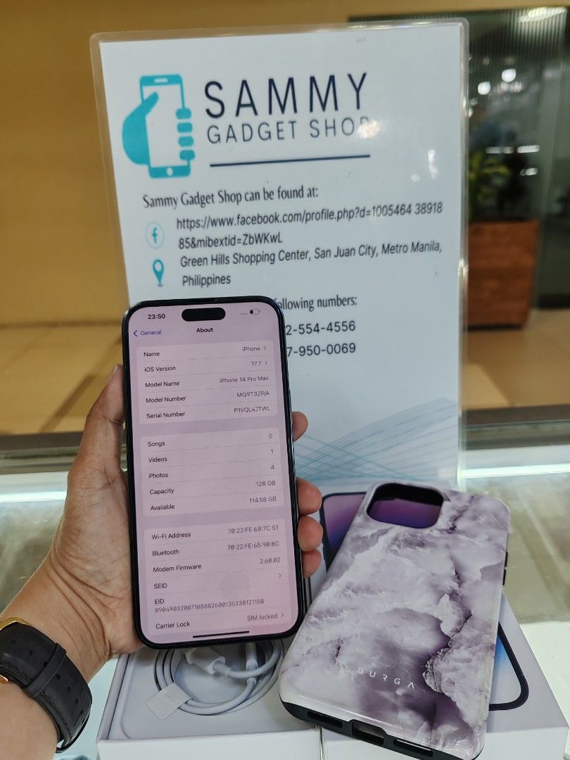 14promax 128 Preloved (Category: iPhone 14 Series) located in Quezon City. Submitted by ronalynac40976 (Listing ID 1332479558, Image 2). Description: Iphone 14promax 128 Factory unlock 95% Batteri health good condition With box, case, cord Pick up Store in Greenhills Shopping Center We accpet swap/trade in We accept creditcard by installment+% We accept ggives & spaylater+% Dm or call for fast transaction 09279500069/09425544556 Located @ Aquariu