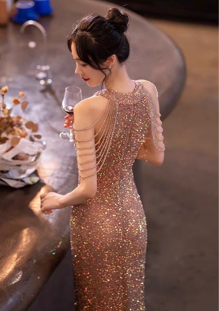 sachin and babi light blue dress Champagne color sequin evening dress, Women's Fashion, Dresses & Sets, Evening  dresses & gowns on Carousell