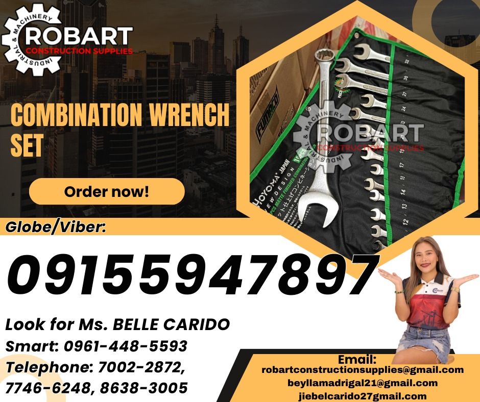 Combination wrench set (Category: Construction Tools & Equipment) located in Manila. Submitted by bellarobart (Listing ID 1332516486, Image 1). Description: Combination wrench set Brand: Hoyoma Size: 8-32mm 𝑹𝑶𝑩𝑨𝑹𝑻 𝑪𝑶𝑵𝑺𝑻𝑹𝑼𝑪𝑻𝑰𝑶𝑵 𝑺𝑼𝑷𝑷𝑳𝑰𝑬𝑺 Office Address: 1405 Yuseco St. Sta Cruz Manila SEND US MESSAGE FOR INQUIRIES ‼️ ‼️ Glb/Vibr: 0915-594-7897 Smrt: 0961-448-5593 Landline: (7746-6248 / 7002-2872) 𝓛𝓞𝓞𝓚 𝓕𝓞𝓡 𝓑𝓔𝓛𝓛𝓔