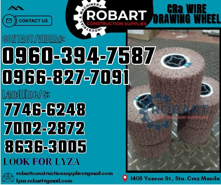 CRa Wire Drawing Wheel (Category: Construction Tools & Equipment) located in Manila. Submitted by lyzarobart11 (Listing ID 1332505623, Image 1). Description: CRa Wire Drawing Wheel Size: 5 x 4 x 3/4 𝑹𝑶𝑩𝑨𝑹𝑻 𝑪𝑶𝑵𝑺𝑻𝑹𝑼𝑪𝑻𝑰𝑶𝑵 𝑺𝑼𝑷𝑷𝑳𝑰𝑬𝑺 𝒪𝒻𝒻𝒾𝒸𝑒 𝒜𝒹𝒹𝓇𝑒𝓈𝓈: 𝟣𝟦𝟢𝟧 𝒴𝓊𝓈𝑒𝒸𝑜 𝒮𝓉. 𝒮𝓉𝒶 𝒞𝓇𝓊𝓏 𝑀𝒶𝓃𝒾𝓁𝒶 ꜱᴇɴᴅ ᴜꜱ ᴍᴇꜱꜱᴀɢᴇ ꜰᴏʀ ɪɴQᴜɪʀɪᴇꜱ ‼️ ‼️ ɢʟᴏʙᴇ: (0966-827-7091) ꜱᴍʀᴛ - (0960-394-7587) ᴠɪʙʀ - (0960-394-7587) ʟᴀɴᴅʟ