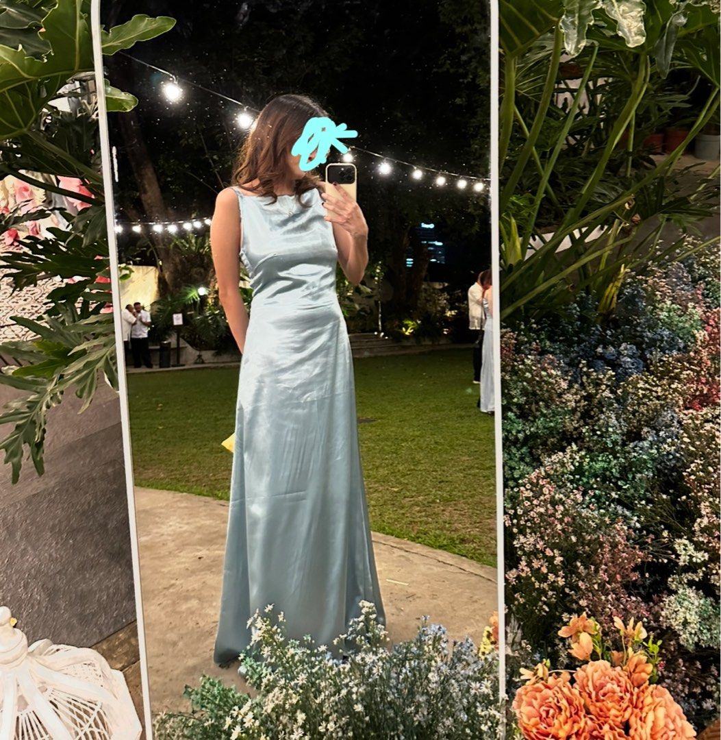Formal gown for RENT Boat neck halter satin in aqua blue Women s Fashion Dresses Sets Evening dresses gowns on Carousell