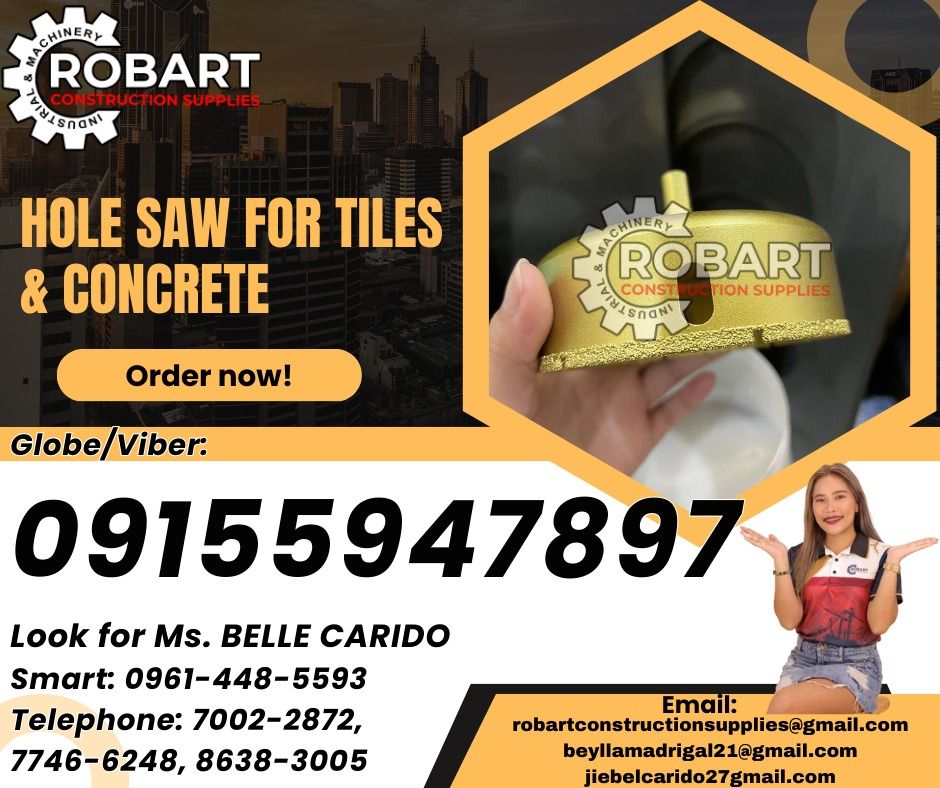 Hole Saw for Tiles and Concrete (Category: Construction Tools & Equipment) located in Manila. Submitted by bellarobart (Listing ID 1332519632, Image 1). Description: Hole Saw for Tiles and Concrete Sizes : VB 12 (1/2") Price: 125 Sizes : VB 25 (1") Price: 250 Sizes : VB 50 (2") Price: 510 Sizes : VB 100 (4") Price: 1,010 𝑹𝑶𝑩𝑨𝑹𝑻 𝑪𝑶𝑵𝑺𝑻𝑹𝑼𝑪𝑻𝑰𝑶𝑵 𝑺𝑼𝑷𝑷𝑳𝑰𝑬𝑺 Office Address: 1405 Yuseco St. Sta Cruz Manila SEND US MESSAGE FOR INQU