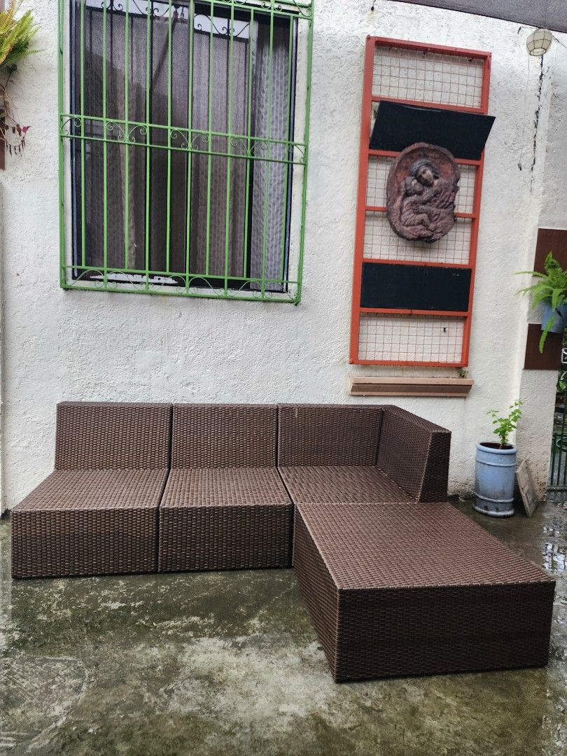 Modular Outdoor L-sofa Synthetic Rattan (Category: Outdoor Furniture) located in Pateros City. Submitted by localmisfit (Listing ID 1332576673, Image 1). Description: seat cushions not in pic but included modular sofa customizable color of cushions made of synthetic rattan and galvanized steel Shop: Anicia's Garden and Design.