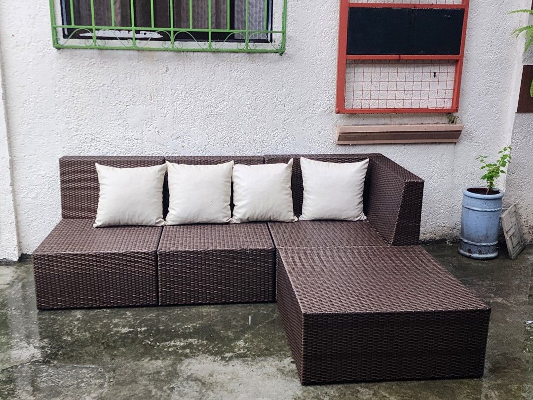 Modular Outdoor L-sofa Synthetic Rattan (Category: Outdoor Furniture) located in Pateros City. Submitted by localmisfit (Listing ID 1332576673, Image 2). Description: seat cushions not in pic but included modular sofa customizable color of cushions made of synthetic rattan and galvanized steel Shop: Anicia's Garden and Design.
