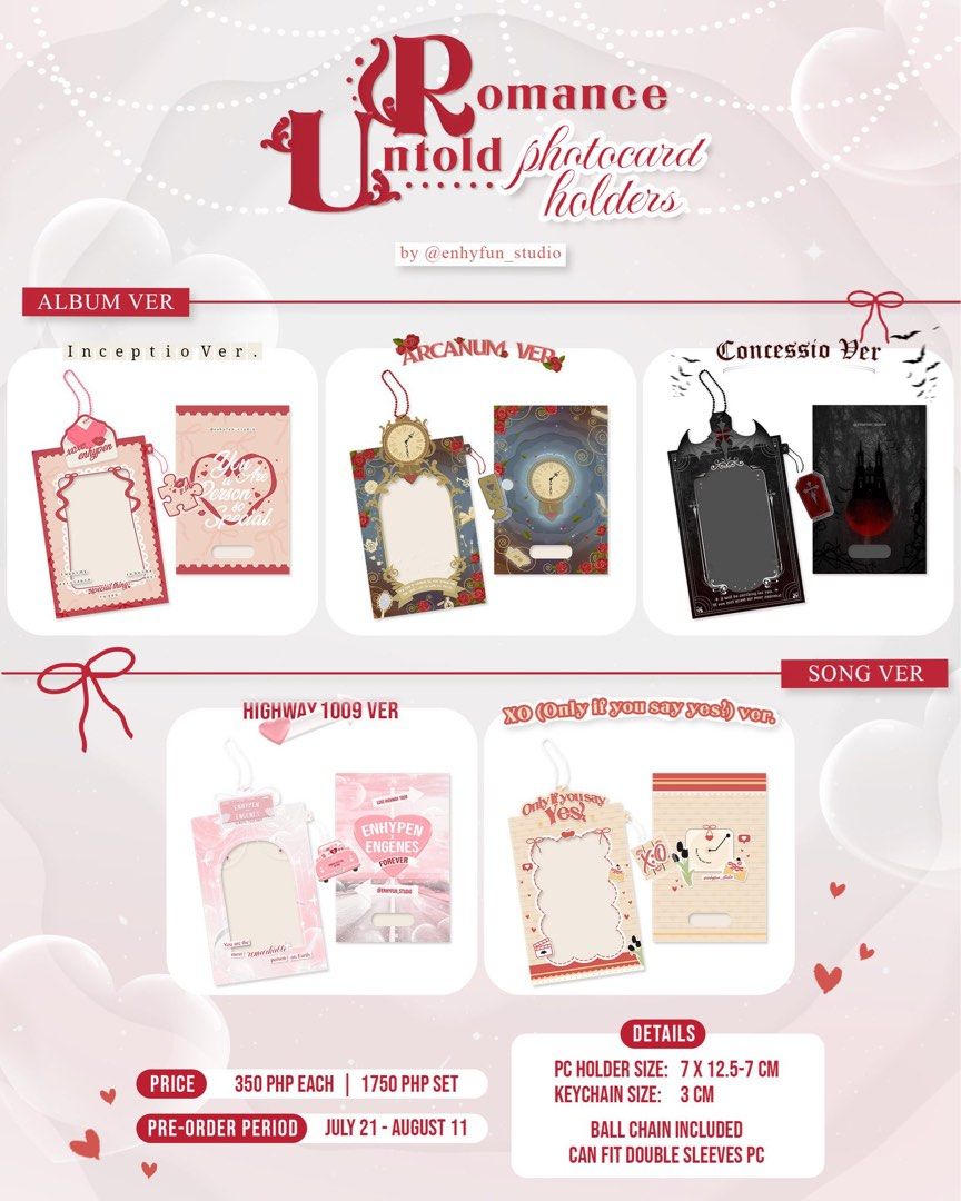 romance untold photocard holders (Category: K-Wave Merchandise) located in Manila. Submitted by linostrayc4t (Listing ID 1332499282, Image 2). Description: wts lfb enhypen romance untold photocard holders by enhyfun studio 350 ea | 1400 set (can lower if payo) - can tingi but prio set taker - will give pc and sticker gifts to set taker - brand new / never used payo / 5 days dop w nrdp rfs: need funds .