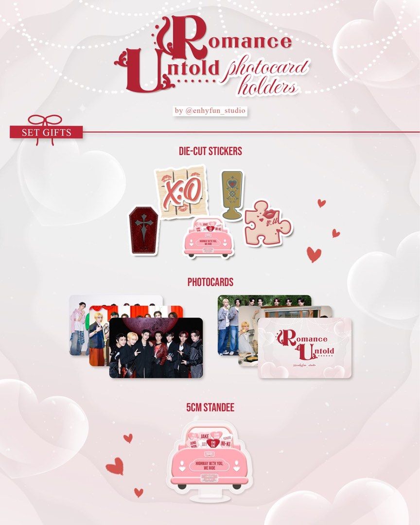 romance untold photocard holders (Category: K-Wave Merchandise) located in Manila. Submitted by linostrayc4t (Listing ID 1332499282, Image 3). Description: wts lfb enhypen romance untold photocard holders by enhyfun studio 350 ea | 1400 set (can lower if payo) - can tingi but prio set taker - will give pc and sticker gifts to set taker - brand new / never used payo / 5 days dop w nrdp rfs: need funds .