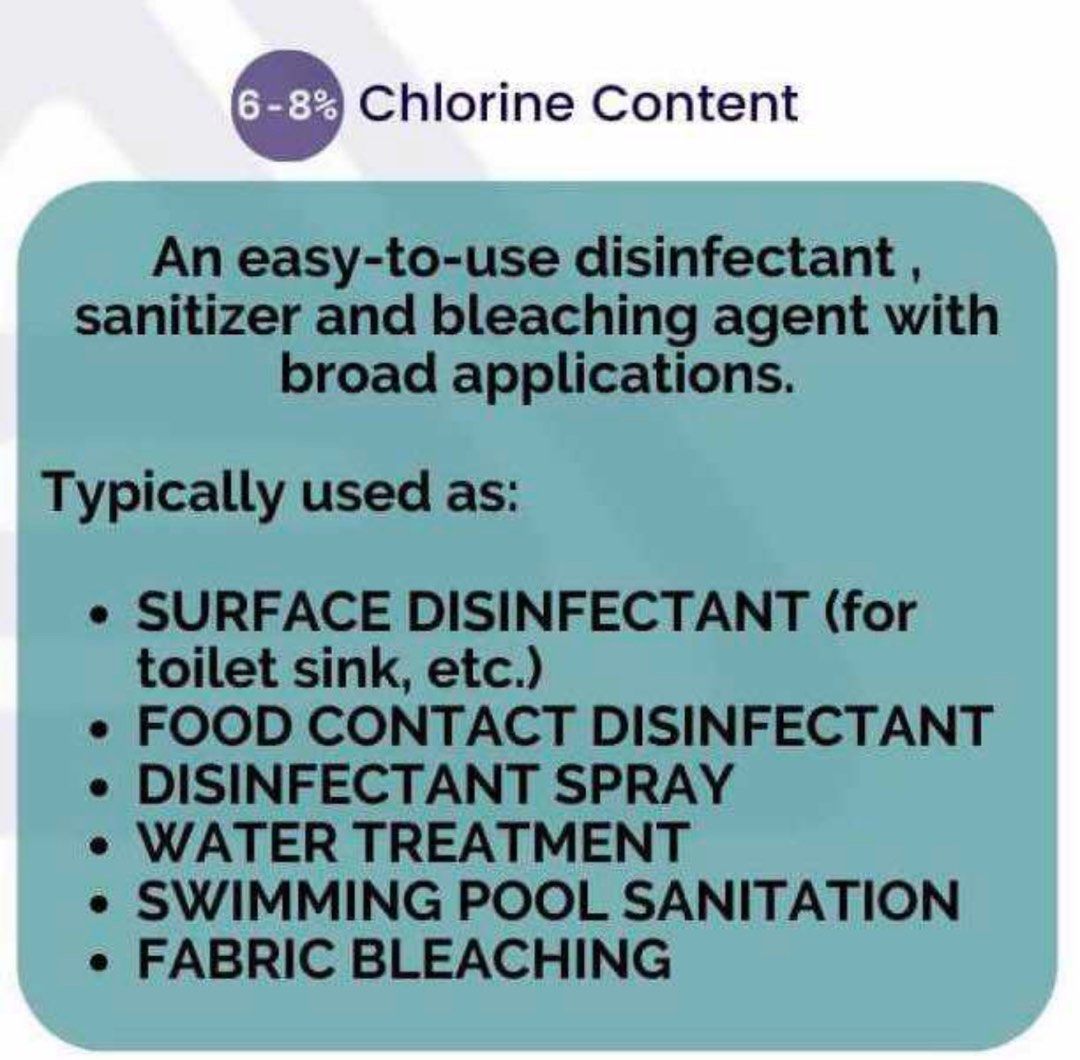 Sodium Hypochlorite Household Bleach 4L per gallon (Category: Industrial Equipment) located in Valenzuela. Submitted by wonderchem (Listing ID 1332575320, Image 2). Description: Sodium hypochlorite is a versatile household bleach that is commonly used for laundry and general cleaning purposes. It is highly effective in removing tough stains and eliminating bacteria, viruses, and other harmful microorganisms. This bleach is a reliable solution for
