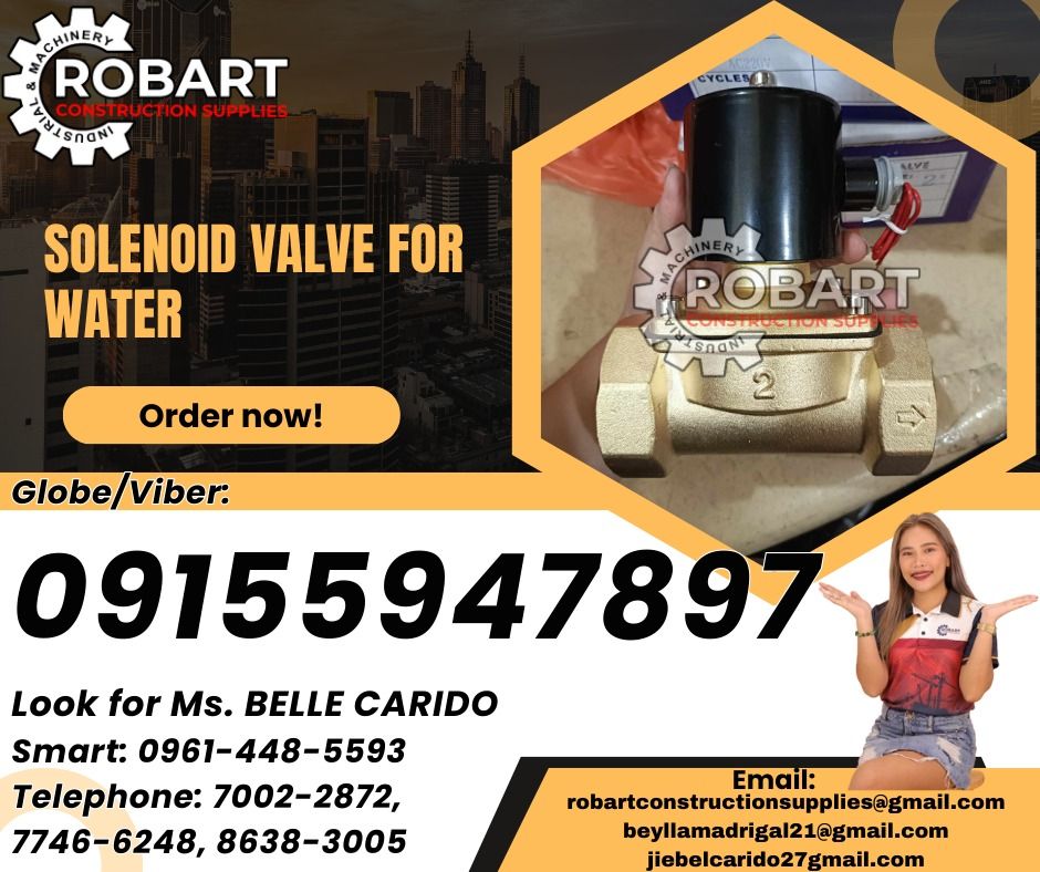 Solenoid valve for water (Category: Construction Tools & Equipment) located in Manila. Submitted by bellarobart (Listing ID 1332518903, Image 1). Description: Solenoid valve for water UW-50 2" pipe brand: UNI-D 220volts 𝑹𝑶𝑩𝑨𝑹𝑻 𝑪𝑶𝑵𝑺𝑻𝑹𝑼𝑪𝑻𝑰𝑶𝑵 𝑺𝑼𝑷𝑷𝑳𝑰𝑬𝑺 Office Address: 1405 Yuseco St. Sta Cruz Manila SEND US MESSAGE FOR INQUIRIES ‼️ ‼️ Glb/Vibr: 0915-594-7897 Smrt: 0961-448-5593 Landline: (7746-6248 / 7002-2872) 𝓛𝓞𝓞𝓚 𝓕𝓞