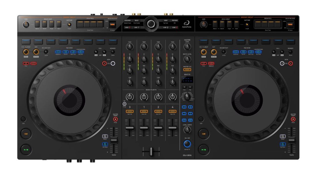 AlphaTheta DDJ-GRV6 (Previously Pioneer DJ) (Category: Other Audio Equipment) located in Singapore. Submitted by vmcdjs (Listing ID 1332677773, Image 1). Description: AlphaTheta DDJ-GRV6 is a 4-channel DJ controller designed for both beginners and professionals DJs. ▪️ Groove Circuit ▪️ CDJ + DJM-style layout (Large jog wheels, Beat FX from the DJM-A9) ▪️ Smart Rotary Selector and Discover function ▪️ Rekordbox & Serato DJ Pro compatible (Includ.