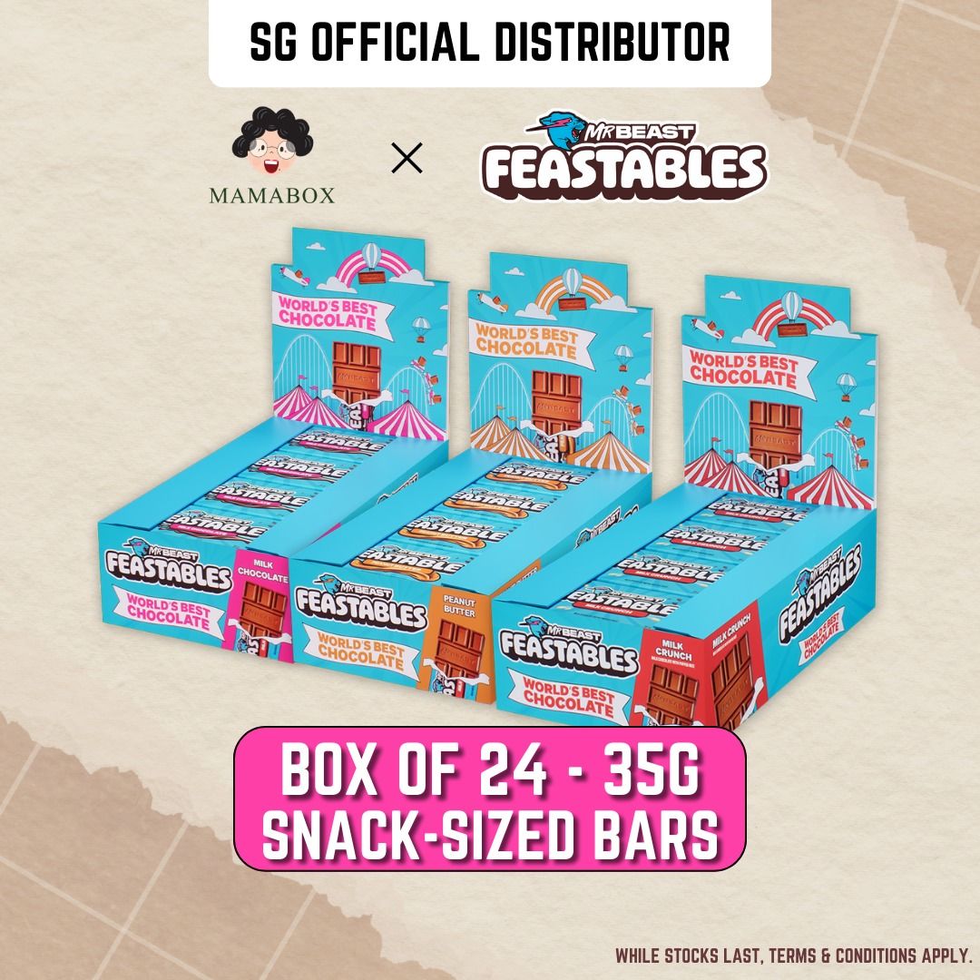 Box of 24 Feastables MrBeast | Milk Chocolate | Crunch | Peanut Butter 35g  野兽先生 牛奶巧克力, Food & Drinks, Packaged & Instant Food on Carousell