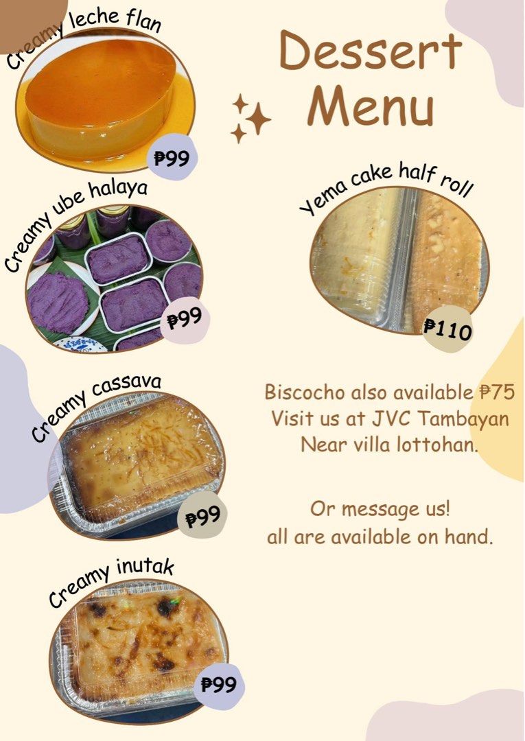 Creamy leche flan and other dessert (Category: Local Eats) located in Quezon City. Submitted by jvcprints (Listing ID 1332776640, Image 1). Description: Trending Creamy Leche Flan in Manila is now available Open for Whole sale, Reseller and Retail. Other dessert we offer: Creamy Leche Flan - ₱99 Creamy Ube Halaya - ₱99 Creamy Cassava Cake - ₱99 Creamy Inutak - ₱99 Yema Cake Half Roll - ₱99 Biscocho - ₱75 Pick up address: 📌 JVC TAMBAYAN Brgy.Mata