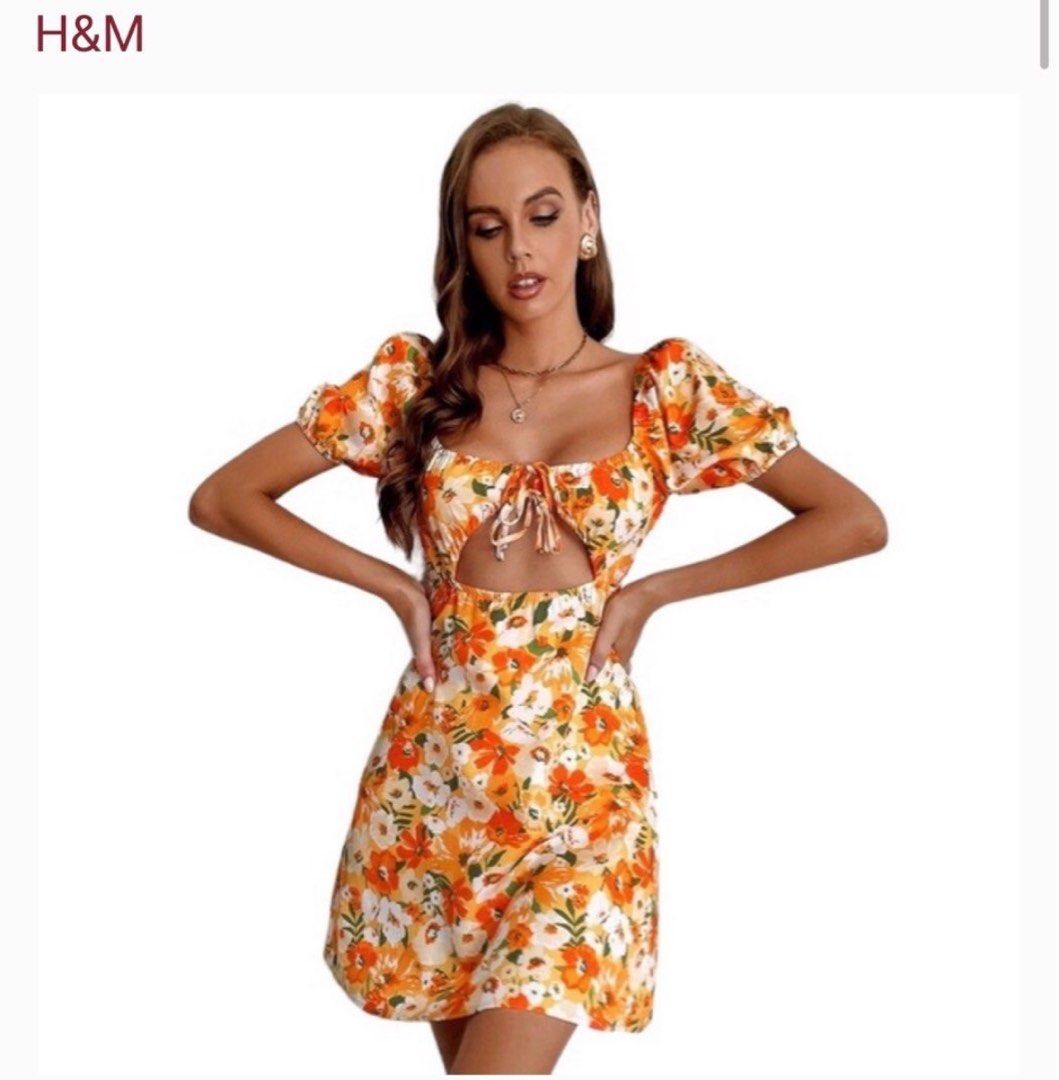 h and m orange floral dress Orange Floral mini summer dress with puff sleeve