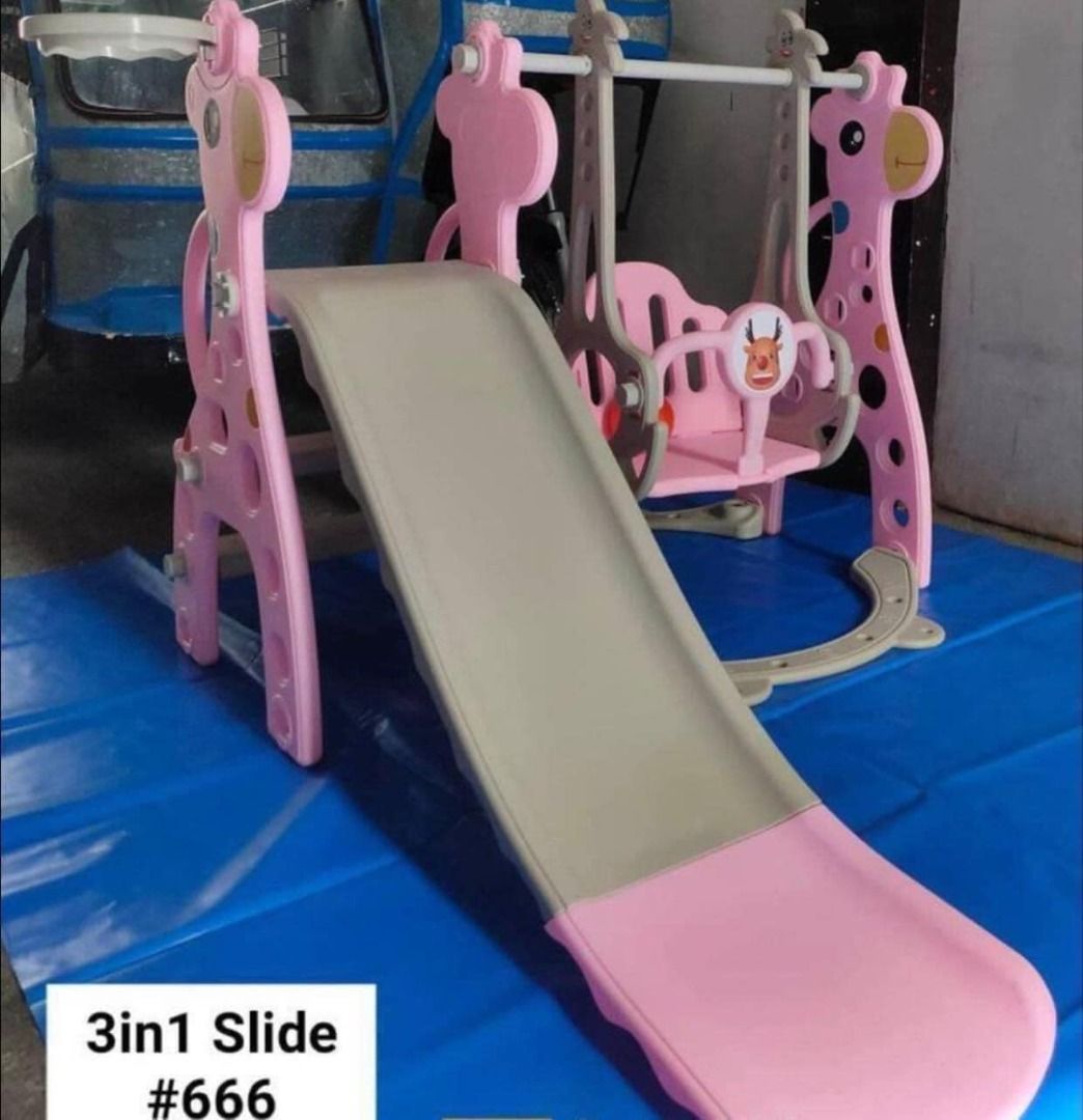 Slide for Kids Playground Slide Swing (Category: Infant Playtime) located in Manila. Submitted by chinito191983 (Listing ID 1332780154, Image 1). Description: Product size - W 138 x D 152 x H 123 cm. - Slider length 140 cm. - Height 48 cm from floor to slide. - The height from floor to swing is 40-42 cm.- Detachable into a swing or slide - Stair slides are embossed with super cute cartoon patterns. - The swing can be lowered to level 2, which is 