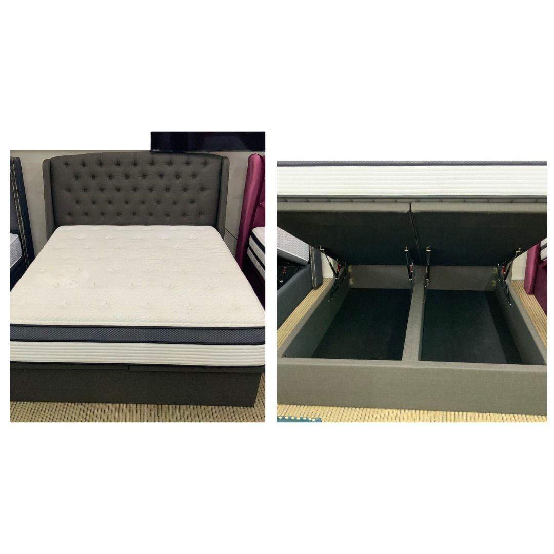Storage Bed Frames (Category: Bed Frames & Mattresses) located in Singapore. Submitted by homeisland (Listing ID 1332650328, Image 2). Description: Description 🚚 FREE DOORSTEP DELIVERY 🚚 2024 NEW DESIGNS | BRAND NEW White Storage Bed with Crystal Diamonds Storage Bed Frame (Queen): $850 Blue Storage Bed Frame (Queen): $750 Grey Storage Bed Frame (Queen): $750 Purple with Crystal Diamonds Storage Bed Frame (Queen): SOLD Grey Storage Bed Frame wi
