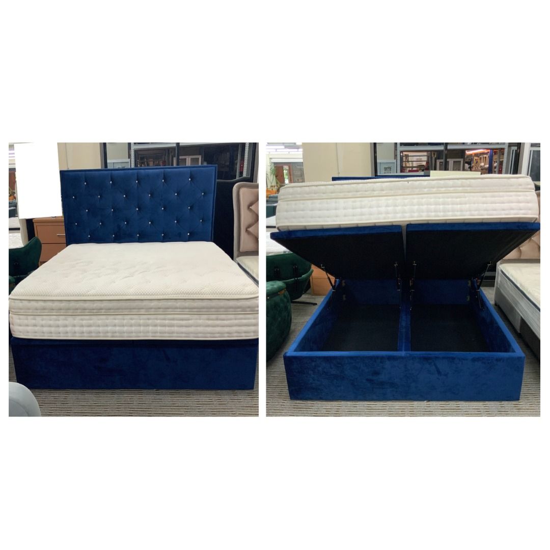 Storage Bed Frames (Category: Bed Frames & Mattresses) located in Singapore. Submitted by homeisland (Listing ID 1332650328, Image 1). Description: Description 🚚 FREE DOORSTEP DELIVERY 🚚 2024 NEW DESIGNS | BRAND NEW White Storage Bed with Crystal Diamonds Storage Bed Frame (Queen): $850 Blue Storage Bed Frame (Queen): $750 Grey Storage Bed Frame (Queen): $750 Purple with Crystal Diamonds Storage Bed Frame (Queen): SOLD Grey Storage Bed Frame wi