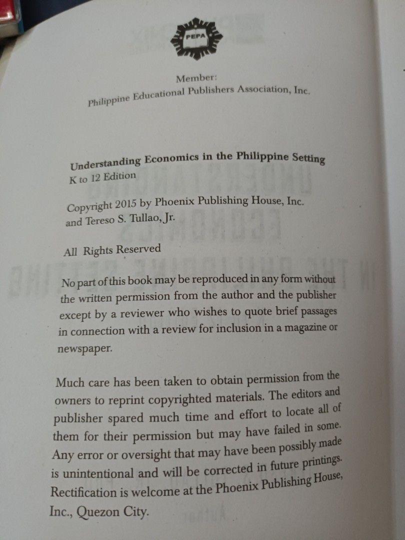 UNDERSTANDING ECONOMICS IN THE PHILIPPINE SETTING (Category: Textbooks) located in Quezon City. Submitted by limsys08 (Listing ID 1332754015, Image 3). Description: Phoenix Publishing House Tereso S. Tullao Jr. Phd K to 12 edition Copyright 2015.