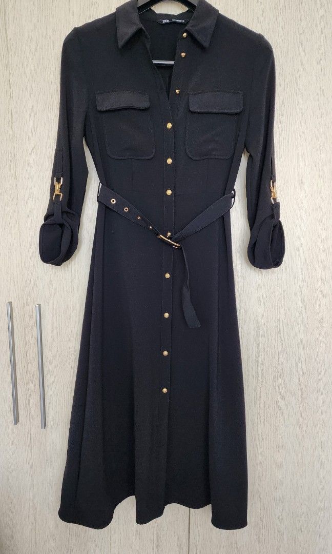 slim fit dress slacks Black Long-Sleeve Dress with Button Details main image 0