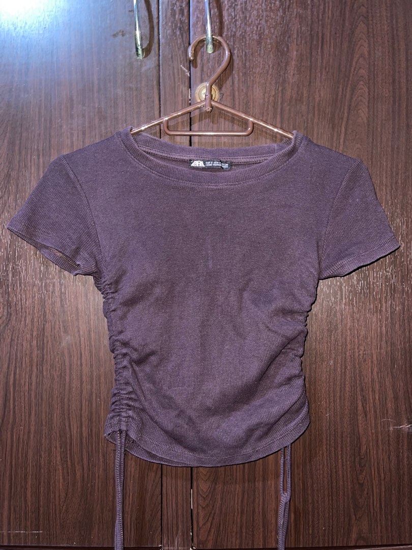 zara brown side ruched ribbed top, Women's Fashion, Tops, Shirts on ...
