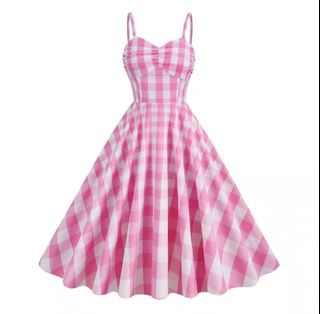 (100%全新) 復古年代感歐美V領格子掛脖粉色無袖修身連衣裙表演舞蹈禮服女Striped high waisted mid length dress 吊帶條紋高腰中長連衣裙64221139869569110