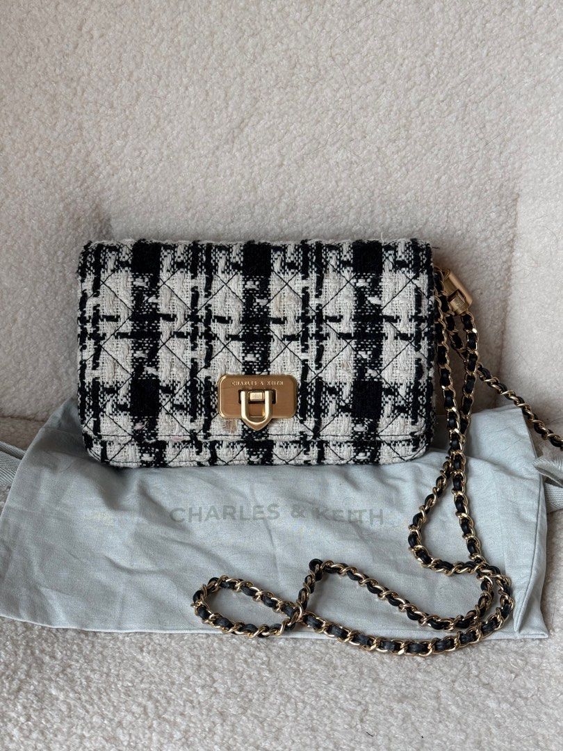 Charles Keith Cressida Tweed Push-Lock Clutch, Women's Fashion