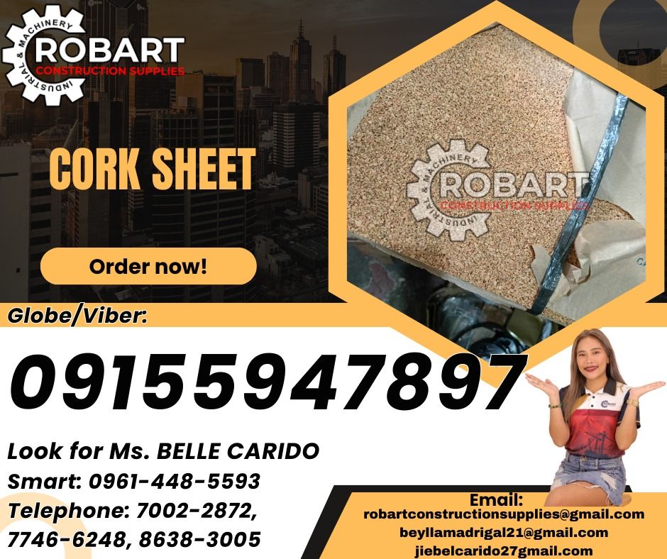 Cork sheet (Category: Construction Tools & Equipment) located in Manila. Submitted by bellarobart (Listing ID 1332799581, Image 1). Description: Cork sheet Size: 18 x 24 x 1/4thk 𝑹𝑶𝑩𝑨𝑹𝑻 𝑪𝑶𝑵𝑺𝑻𝑹𝑼𝑪𝑻𝑰𝑶𝑵 𝑺𝑼𝑷𝑷𝑳𝑰𝑬𝑺 Office Address: 1405 Yuseco St. Sta Cruz Manila SEND US MESSAGE FOR INQUIRIES ‼️ ‼️ Glb/Vibr: 0915-594-7897 Smrt: 0961-448-5593 Landline: (7746-6248 / 7002-2872) 𝓛𝓞𝓞𝓚 𝓕𝓞𝓡 𝓑𝓔𝓛𝓛𝓔 🔵 100% Trusted Supplier 🔵