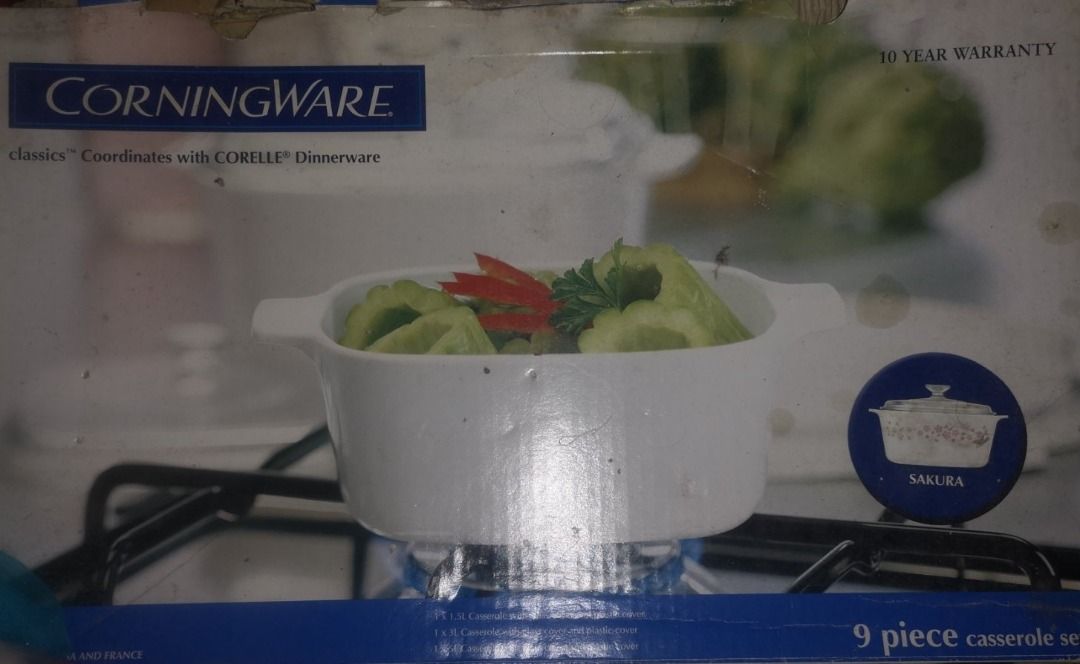 Corningware Sakura 9-piece casserole set (Category: Bakeware) located in Pasig City. Submitted by josefranco94626 (Listing ID 1332832486, Image 1). Description: Payment: Gcash The set consists of: 1 x 1.5L Casserole with glass cover and plastic cover 1 x 3L Casserole with glass cover and plastic cover 1 x 5L Casserole with glass cover and plastic cover Never Been Used RFS: Decluttering.
