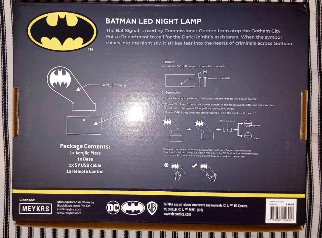 DC Batman Logo LED Nigh Lamp USB powered (Category: Lighting) located in Mandaluyong City. Submitted by flash0526 (Listing ID 1332949804, Image 2). Description: This is a brand new officially licensed merchandise with a USD 24.90 price tag being sold below SRP. It was only opened to test it before posting/selling. It is USB-powered with a cable (optional to use 2pcs of AAA batteries). The color of the light changes or plays with effects using a r