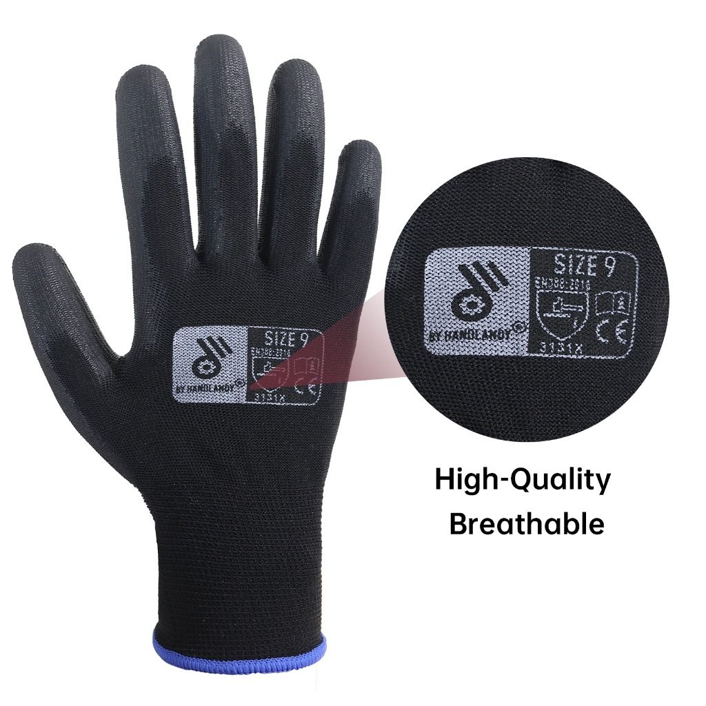 HANDLANDY 13 Pin Polyester Black PU Coating Palm Safety Work Gloves Protective Gloves Commercial Industrial Construction Tools Equipment on Carousell