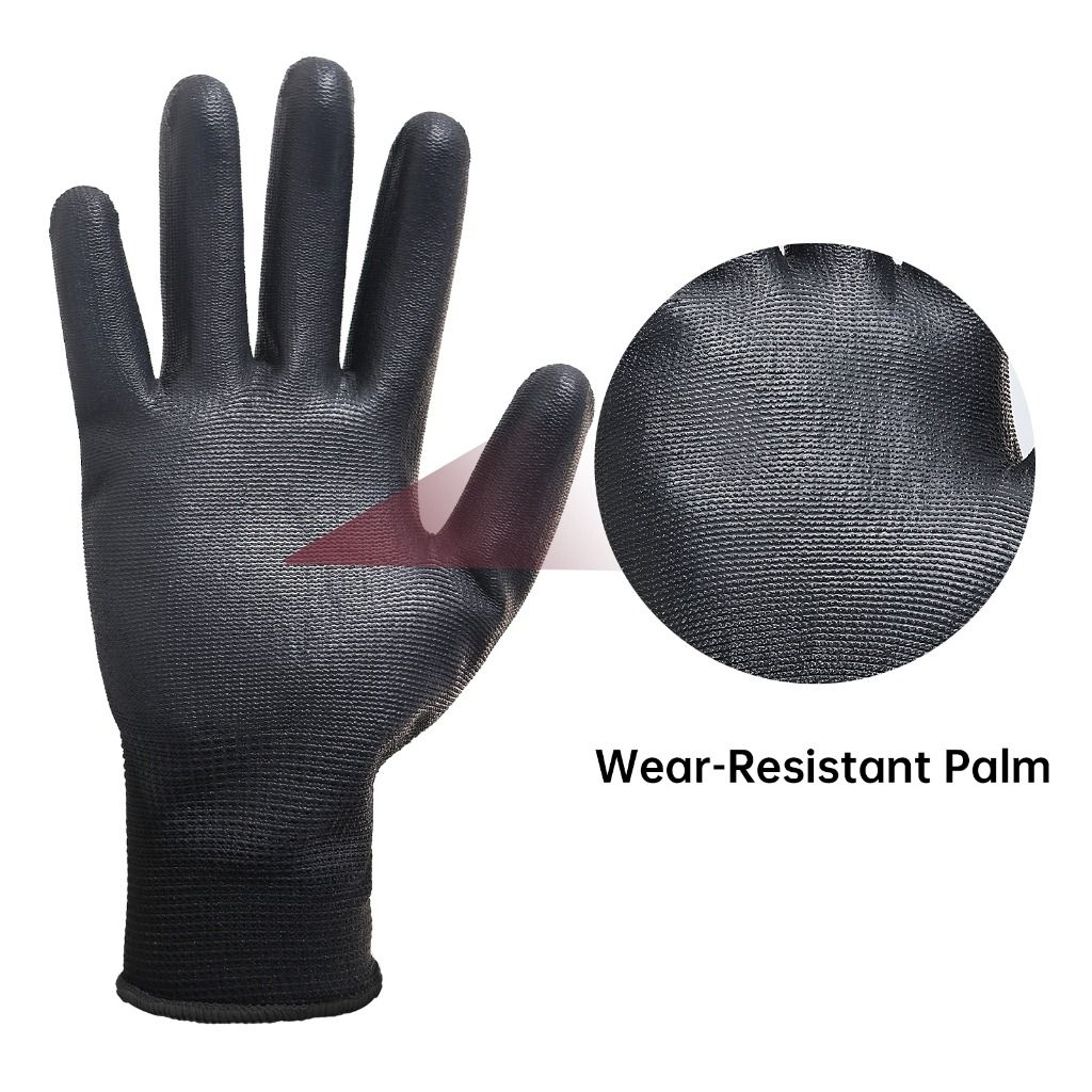 HANDLANDY 13 Pin Polyester Black PU Coating Palm Safety Work Gloves Protective Gloves Commercial Industrial Construction Tools Equipment on Carousell