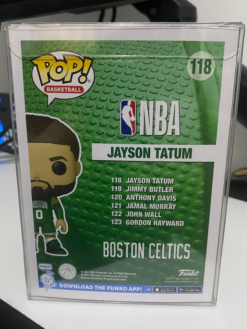 Jayson Tatum Funko #118 (Category: Designer & Blind Box Toys) located in Pasig City. Submitted by vurve (Listing ID 1332868953, Image 2). Description: I’m selling my Jayson Tatum Funko #118 in pristine condition with protector. Last price posted Hard pass sa lowballers Mode of payment - GCash or BPI Delivery via Grab or Lalamove Buyer will shoulder the fee.