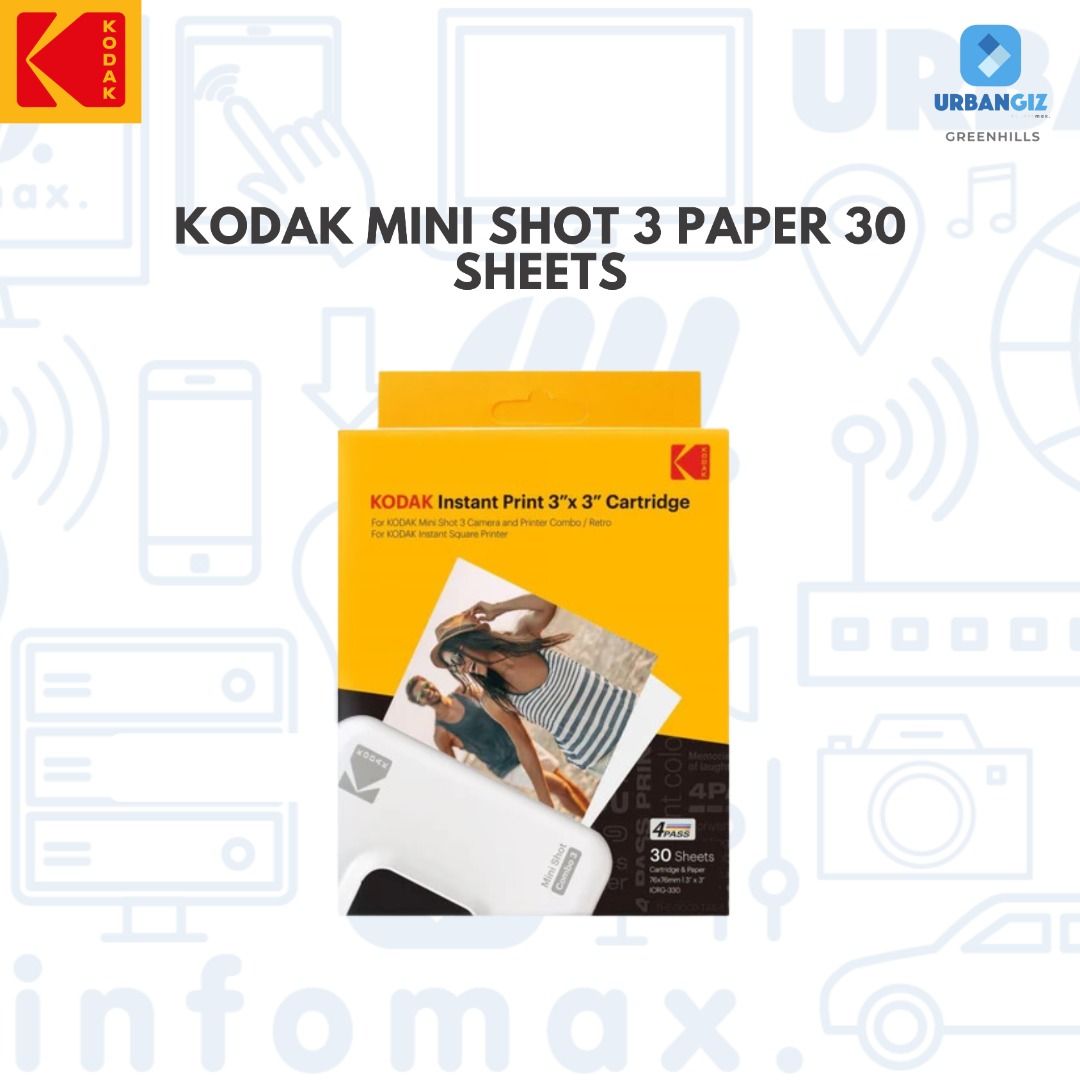 KODAK MINI SHOT 3 PAPER 30 SHEETS (Category: Cameras) located in San Juan City. Submitted by urbangiz_greenhillsmall (Listing ID 1332886246, Image 1). Description: about this item: > [TRUE COLOR & REAL PHOTO] – Kodak’s 4Pass Technology prints 3 x 3" photo in layers of ribbon and laminates the photo so you can touch the photo right away. It is fingerprint and water resistant. > [PATENTED TECHNOLOGY] – Photos printed through Kodak's 4Pass products 