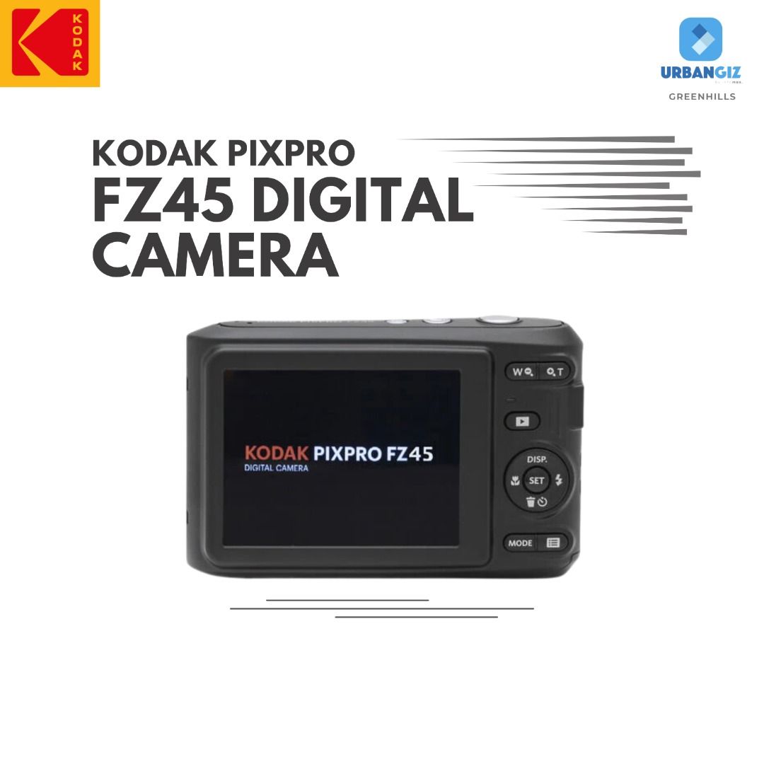 KODAK PIXPRO FZ45 DIGITAL CAMERA (Category: Cameras) located in San Juan City. Submitted by urbangiz_greenhillsmall (Listing ID 1332870473, Image 3). Description: The Kodak Pixpro FZ45 Digital Camera is a compact point-and-shoot model from the Kodak Pixpro collection, designed for ease of use and portability. Ideal for capturing photos on the move, it operates on two AA batteries and includes a 2.7" LCD screen, 4x optical zoom, one-touch full HD 