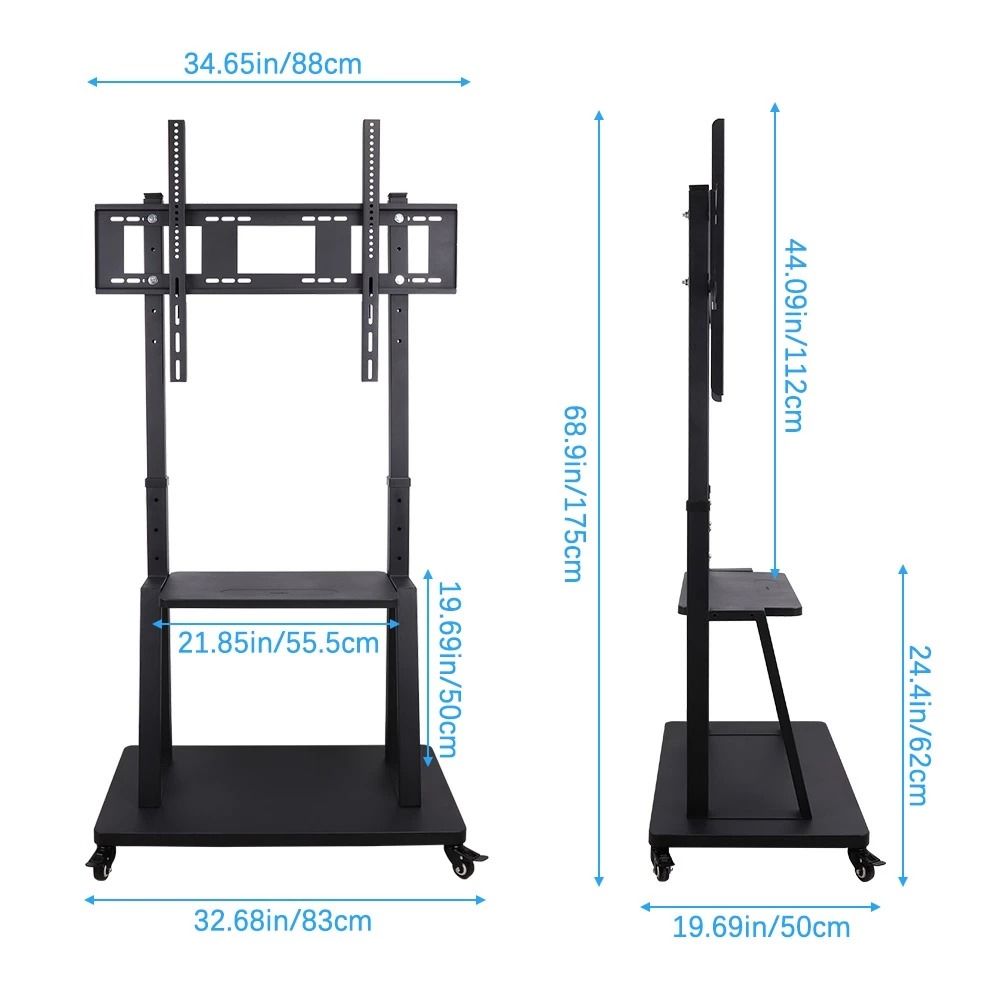 Mobile Floor TV Cart Rolling TV Mount Stand (Category: Hand & Stand Mixers) located in Manila. Submitted by sdfsolutions (Listing ID 1332811577, Image 2). Description: Features: Load-bearing capacity up to 176lbs. Fits for most of 32" to 100" LED LCD Plasma TV screens. Constructed of heavy-duty iron for reliable strength and durability. Two storage shelves places computers, DVD player, audio and video equipment. Four lockable casters wheels for e