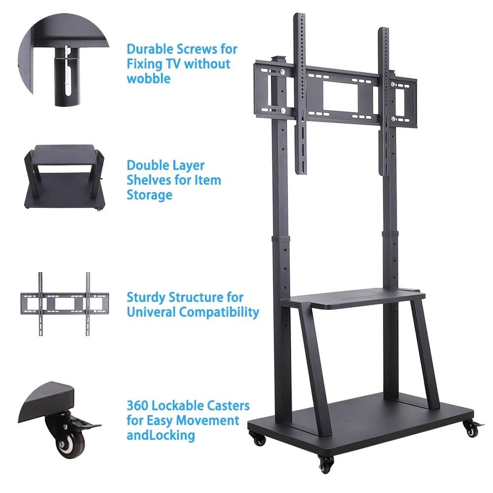 Mobile Floor TV Cart Rolling TV Mount Stand (Category: Hand & Stand Mixers) located in Manila. Submitted by sdfsolutions (Listing ID 1332811577, Image 1). Description: Features: Load-bearing capacity up to 176lbs. Fits for most of 32" to 100" LED LCD Plasma TV screens. Constructed of heavy-duty iron for reliable strength and durability. Two storage shelves places computers, DVD player, audio and video equipment. Four lockable casters wheels for e