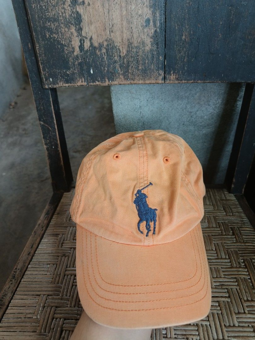 Topi VINTAGE Y2K FADED DISTRESSED PREPPY STYLE POLO RALPH LAUREN BIG PONY  ADJUSTABLE ORANGE CAP