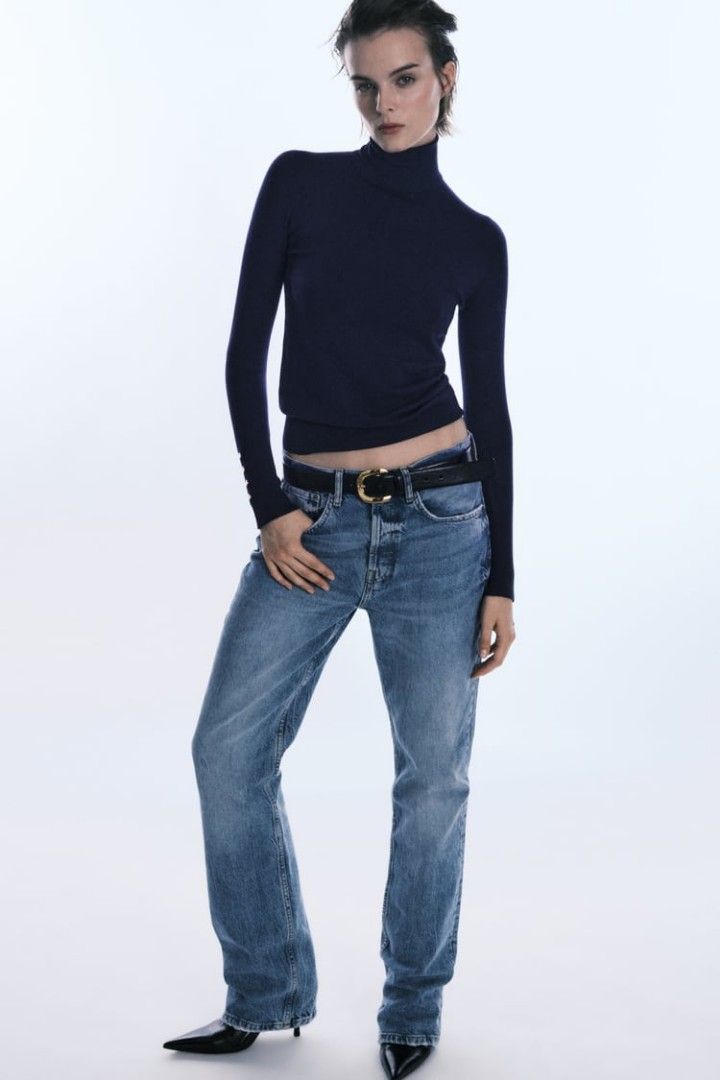 ZARA Knit turtleneck navy sweater blouse with gold button