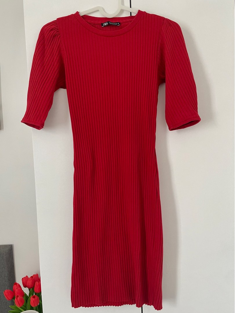 Zara Ribbed Bodycon Dress - Red, Women's Fashion, Dresses & Sets, Dresses  on Carousell