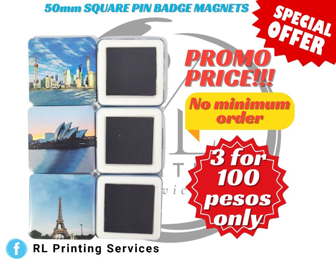 50mm Square Ref Magnet (Category: Other Home Decor) located in Mandaluyong City. Submitted by rhandzmiguelb (Listing ID 1332997335, Image 1). Description: SPECIAL OFFER ✨️ 50mm square pin badge magnets 3 for 100 pesos only No minimum order!!! Perfect for party giveaways, souvenirs or gifts. Must Read 👀 The quality of the magnets is depending on the pictures that you will gonna send. You can send it thru our email or messenger. The processing tim