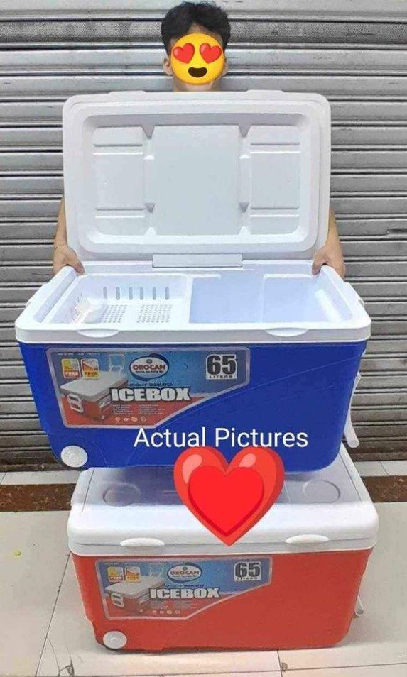 65L Ice Box Orocan Red or Blue (Category: Storage Boxes & Baskets) located in Manila. Submitted by kellychz (Listing ID 1333048290, Image 1). Description: 65L Orocan ice box cooler with wheels red blue same day delivery cod gcash.