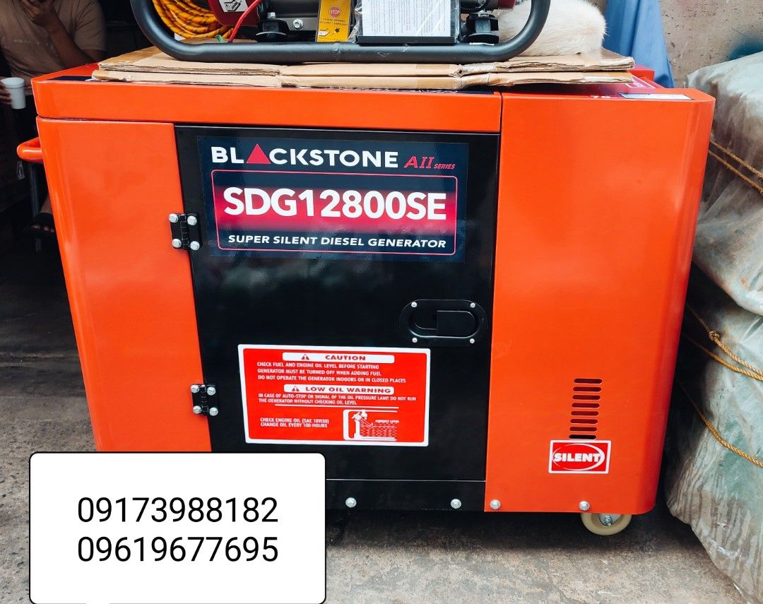 BLACKSTONE BS-SDG12800SE DIESEL GENERATOR (Category: Construction & Building Materials) located in Manila. Submitted by eedian496 (Listing ID 1332987067, Image 1). Description: BLACKSTONE BS-SDG12800SE DIESEL GENERATOR ENGINE. 1100FE. DIESEL ENGINE RATED POWER. 9.0KW MAX POWER 9.5KW RATED FREQUENCY. 60Hz RATED VOLTAGE. 220V POWER FACTOR. 1(lag) RATED ROTATION SPEED. 3600 rpm PHASE. 1 PHASE CONTACT NO. 09173988182 LANDLINE: 5-3100630 PHYSICAL STOR