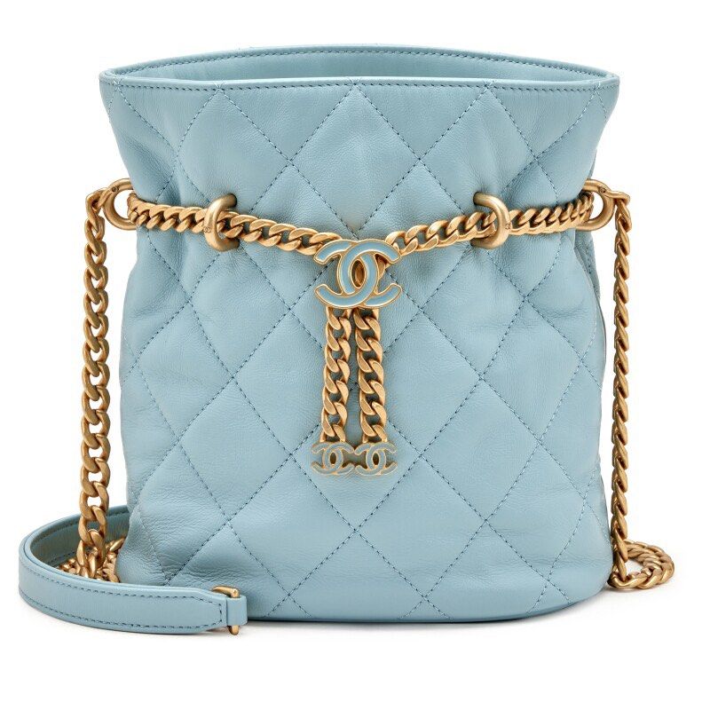 Chanel Light Blue Quilted Lambskin Bucket Bag Light Blue Enamel and