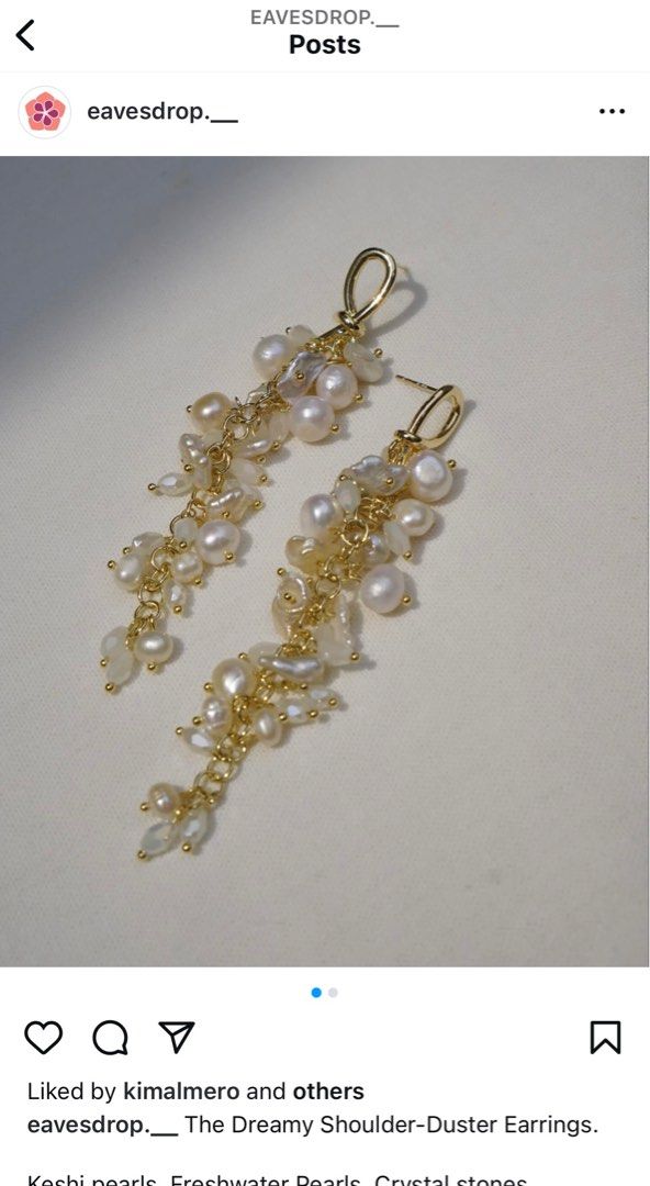 Eavesdrop Shoulder Duster Earrings (Category: Earrings) located in Pasay City. Submitted by cartmaxxing (Listing ID 1333143992, Image 1). Description: Keshi pearls, Freshwater pearls, Crystal stones. Used once at a company party, then kept it in storage after that (mostly gathering dust ☹️) buy nyo na plz, I don’t have any events coming up to use it for! orig. price: 1,250 helping tags: Penny Pairs // Golden monstera // russet accessories // stud