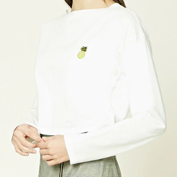 F21 Pineapple Patch Cotton Crop Top White Women s Fashion Tops Longsleeves on Carousell