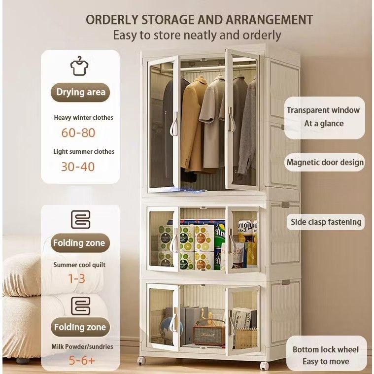 Foldable wardrobe cabinet storage display cabinet wardrobe for dormitory plastic wardrobe (Category: Shelves, Cabinets & Racks) located in Singapore. Submitted by drizzlebiz_official (Listing ID 1333004185, Image 2). Description: -->LOCAL STOCK WITH FREE DELIVERY Opening method: double-sided door Style: European style Material: Polypropylene (pp) Features: Transparent Style: Folding Use objects: clothing, toys, snacks, sundries, etc. Applicable s