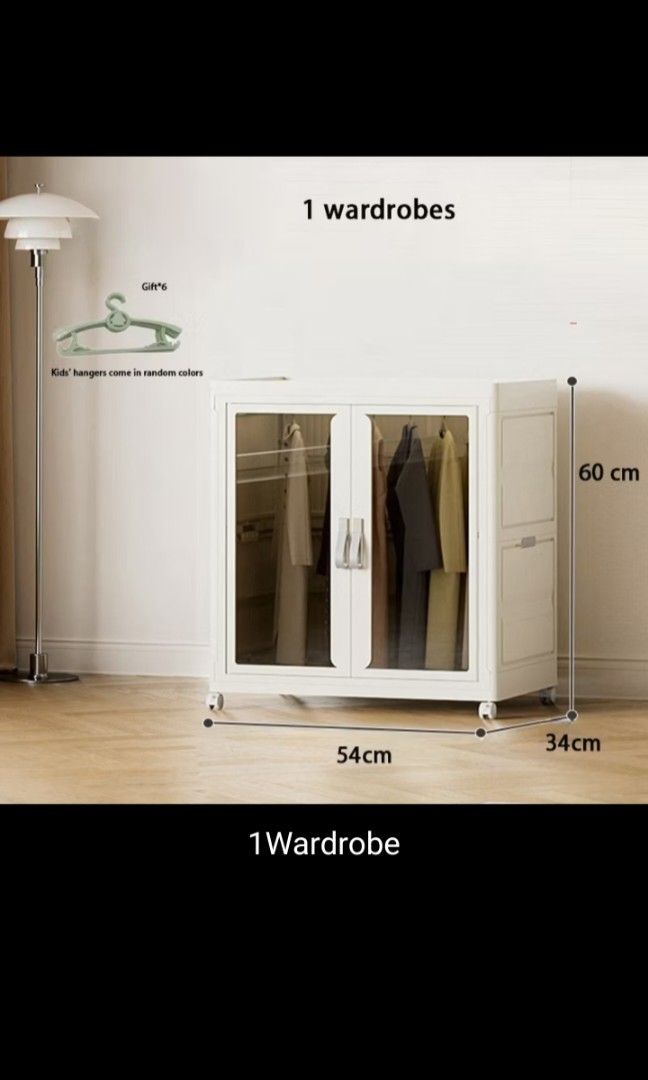 Foldable wardrobe cabinet storage display cabinet wardrobe for dormitory plastic wardrobe (Category: Shelves, Cabinets & Racks) located in Singapore. Submitted by drizzlebiz_official (Listing ID 1333004185, Image 3). Description: -->LOCAL STOCK WITH FREE DELIVERY Opening method: double-sided door Style: European style Material: Polypropylene (pp) Features: Transparent Style: Folding Use objects: clothing, toys, snacks, sundries, etc. Applicable s