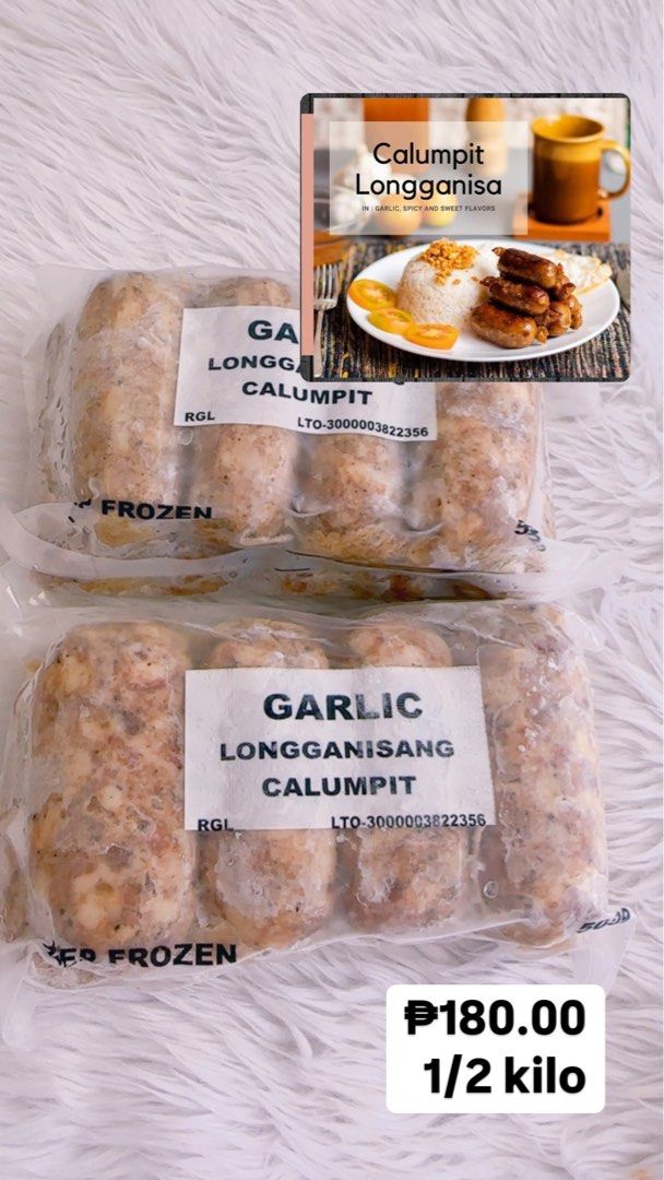 Garlic Longganisa (Category: Local Eats) located in Quezon City. Submitted by shirleyjane06 (Listing ID 1332970403, Image 1). Description: 1/2 kilo 180.00.